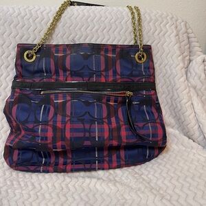 Coach Poppy Lurex Tartan Chain Slim Tote
